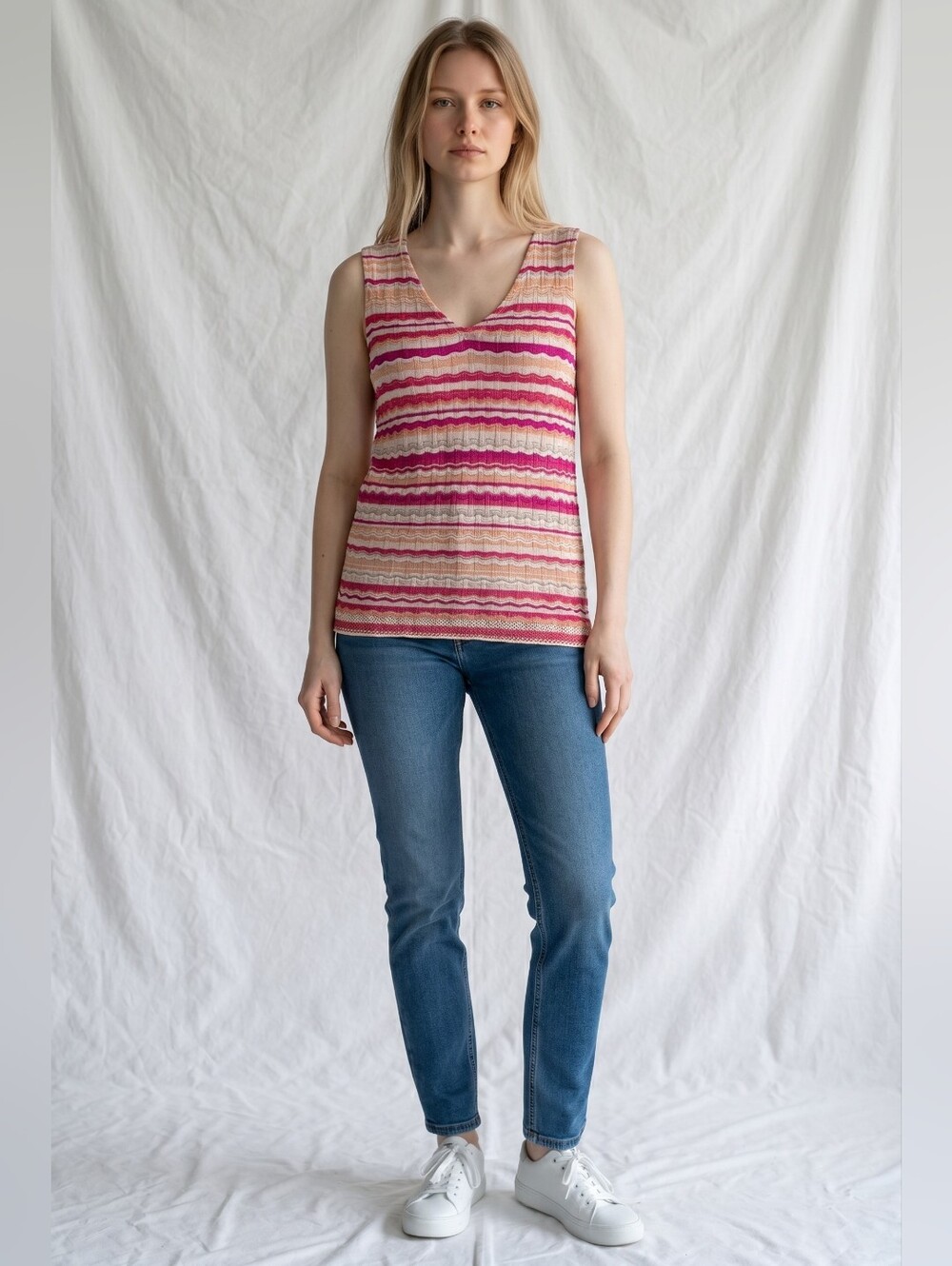 Chico's Colorful Striped Knit Tank Top Size 1 (US M) V-Neck Textured